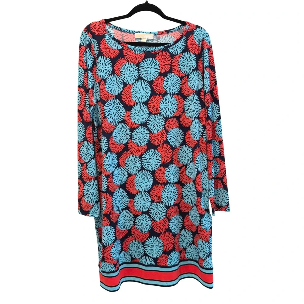 Michael Kors Shift Dress Blue Red Coral Long Sleeve‎ Nautical Floral Womens XL